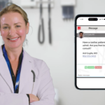 a physician next to a smartphone with an alert on its screen representing a part of a clinical workflow with a hospital communication platform